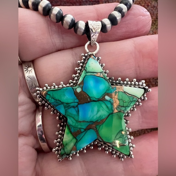 ❤️ Green Dahlia Kingman Turquoise Decorative Star 925 Statement Pendant 15.1 Gm - Picture 16 of 17
